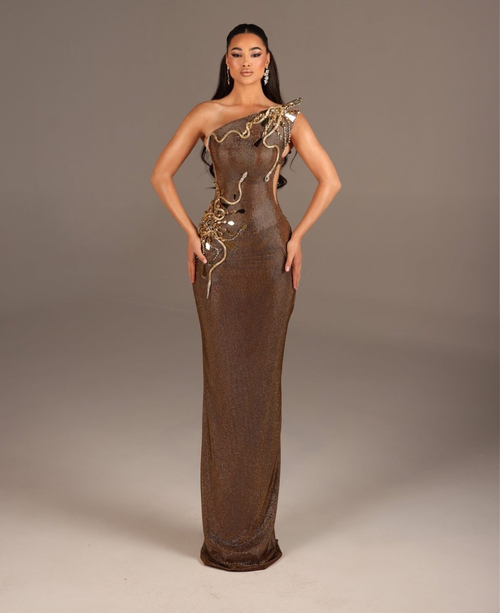 Alexa - One Shoulder Metallic Embellished Gown