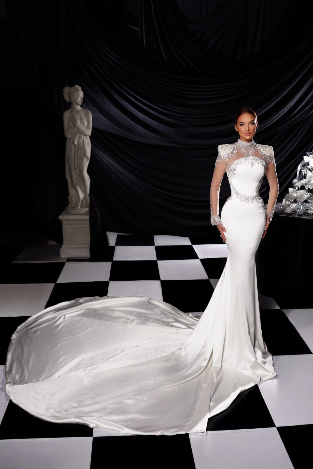High Neck Bridal Gown with Crystal Embellishments