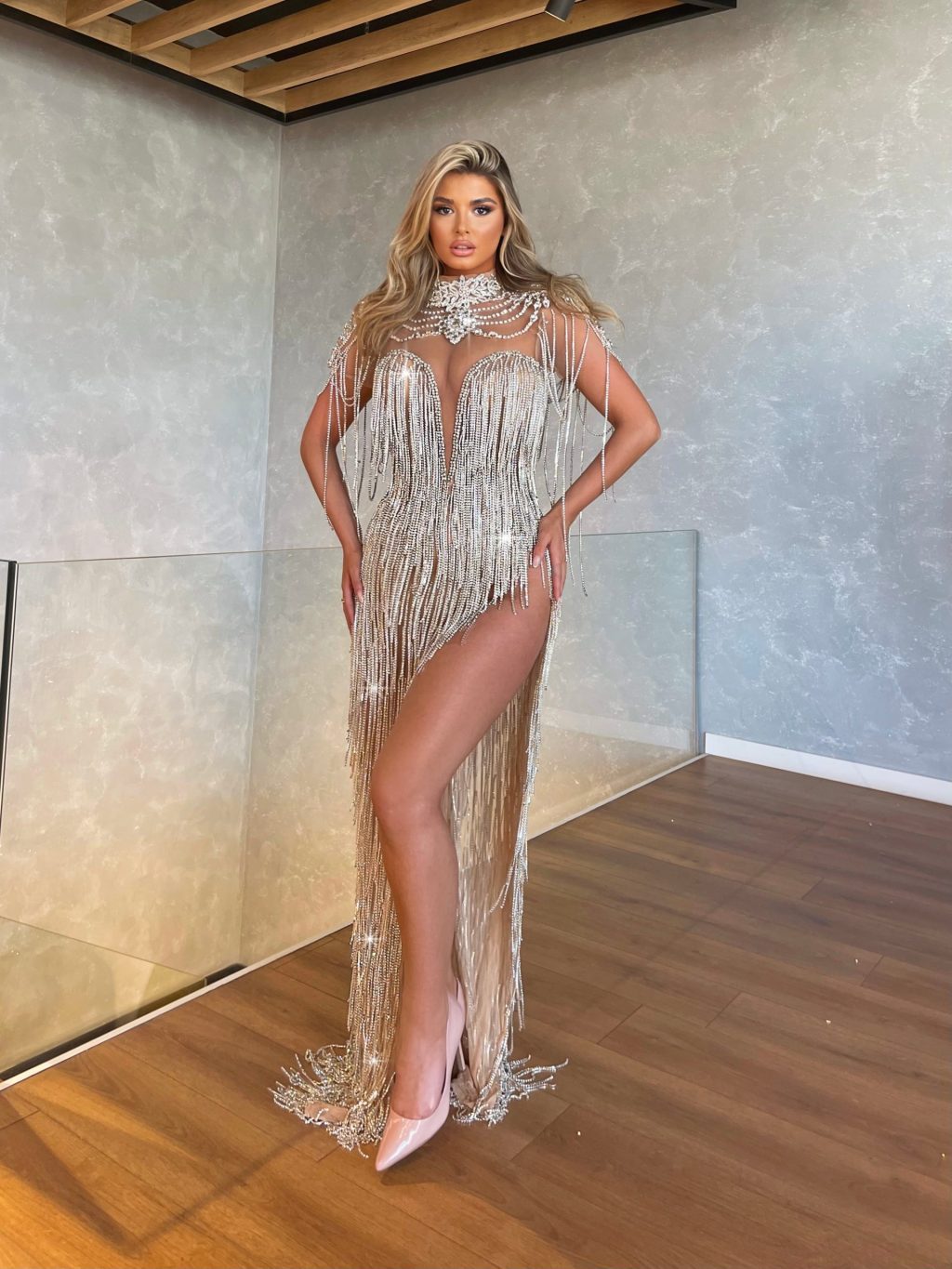 High Neck Long Silver Tassel Dress