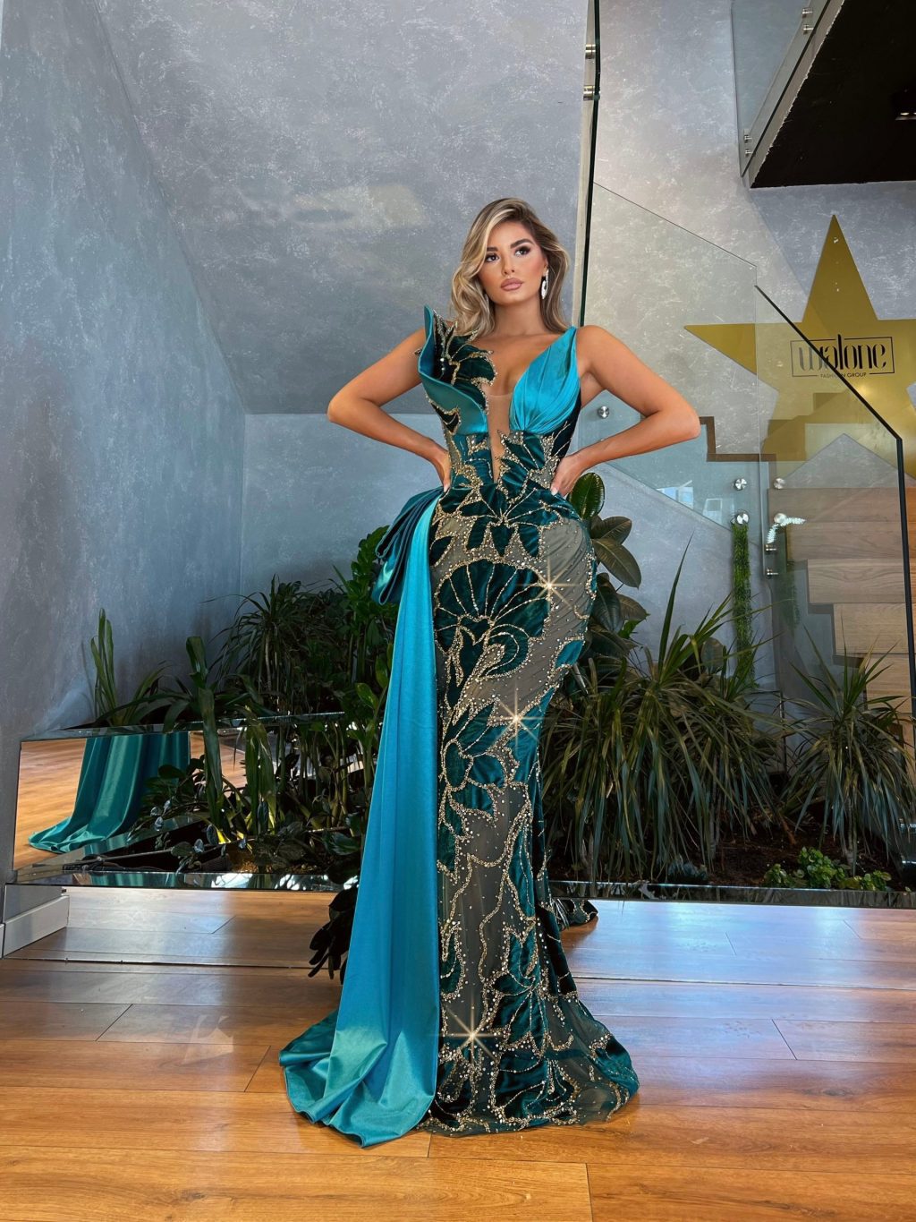 Dark Turquoise Strapless Dress with Satin Tail