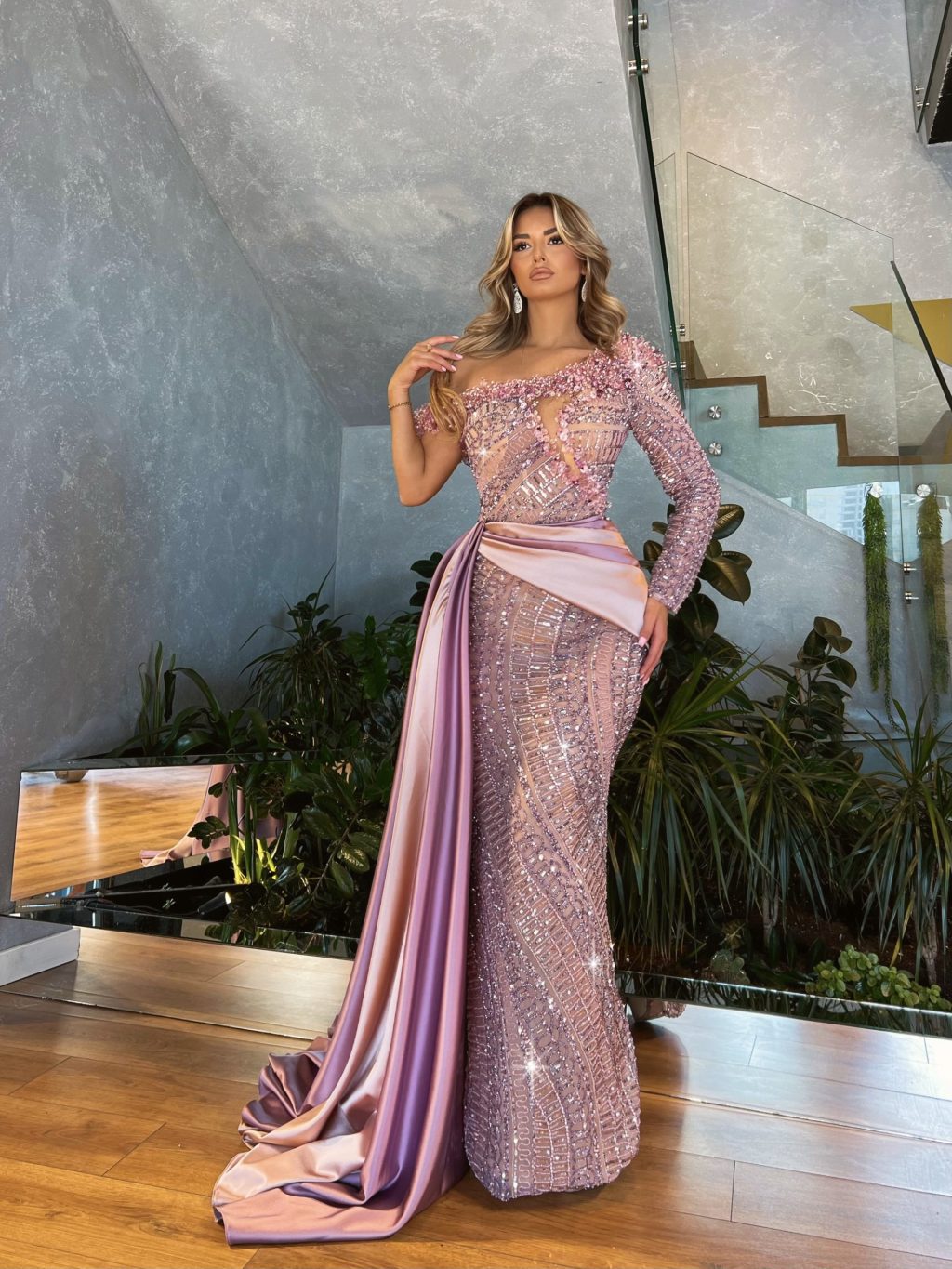One Shoulder Lavender Embellished Dress with Satin Tail