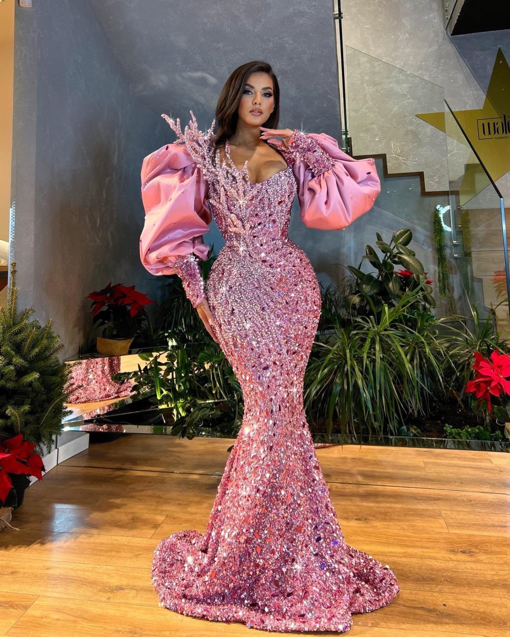 Puff Sleeves Pink Embellished Dress