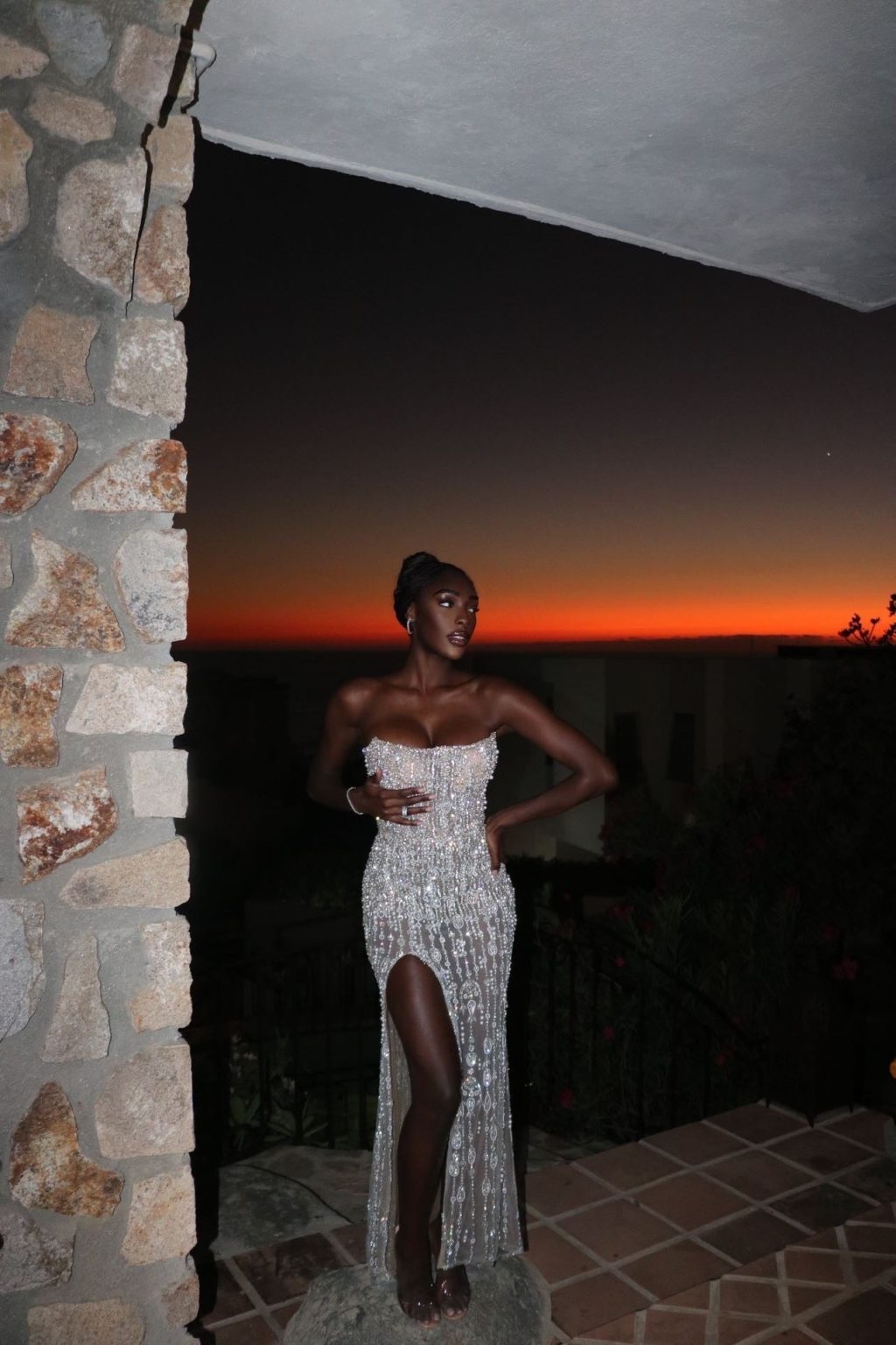 Strapless Silver Pearl Embroidered Dress with Side Slit