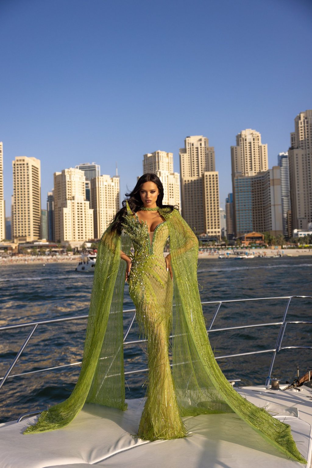Green Beaded Dress with Detachable Cape