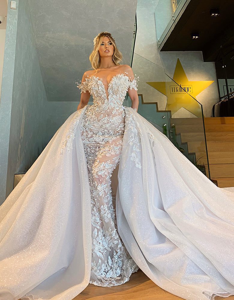 Floral Lace Gown with Detachable Train