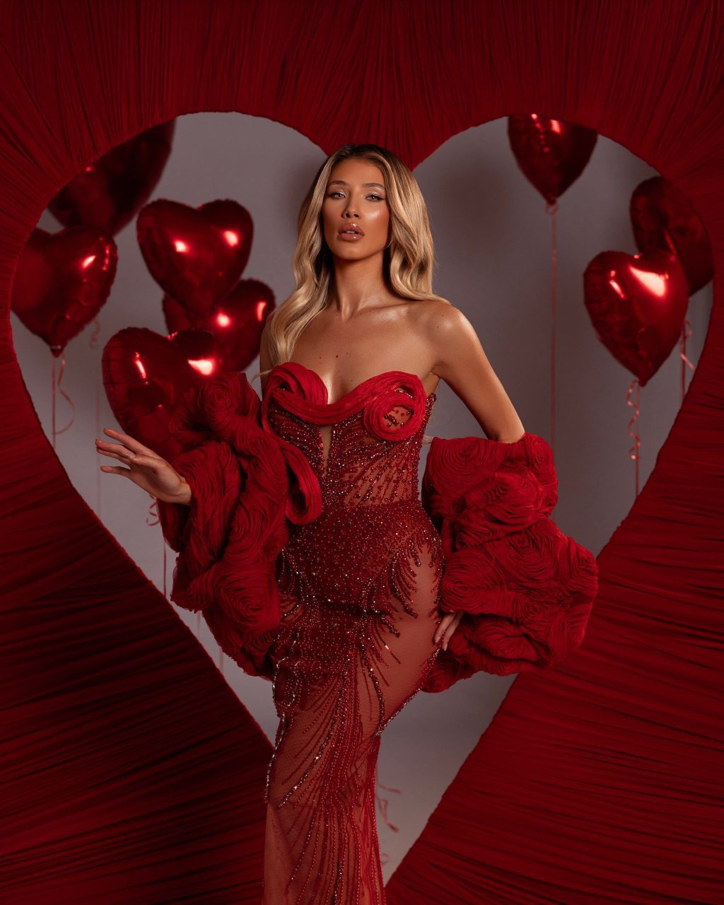 Strapless Sheer Gown with Swirl Detail