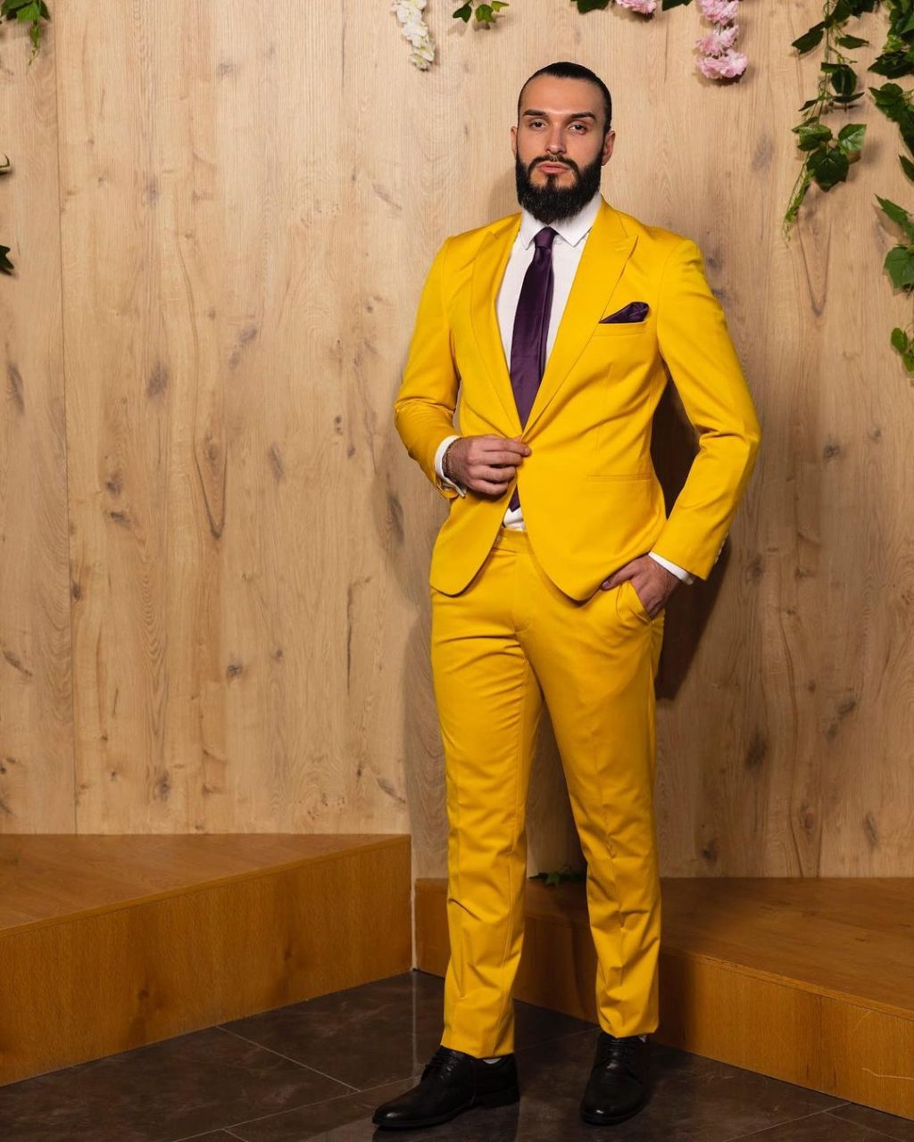 Single Breasted Yellow Suit with Purple Bow