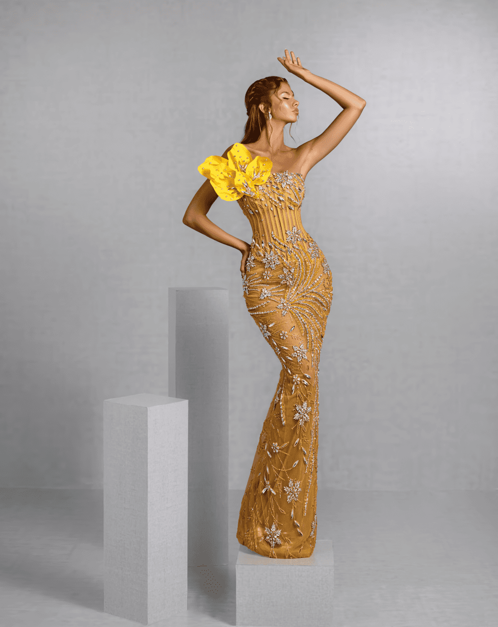 Yellow Mermaid Gown with Vine Motif and Floral Embellishment
