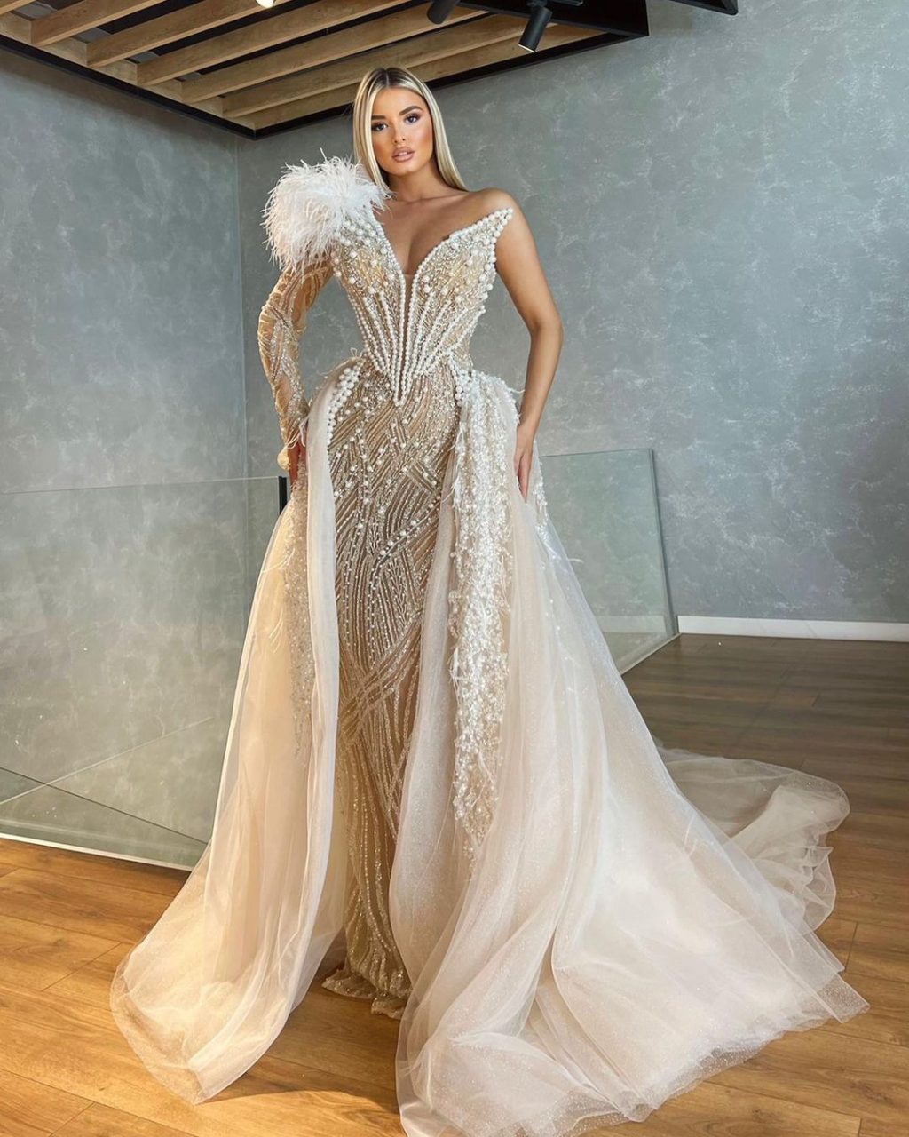 One Shoulder Pearl Embellished Dress with Overskirt