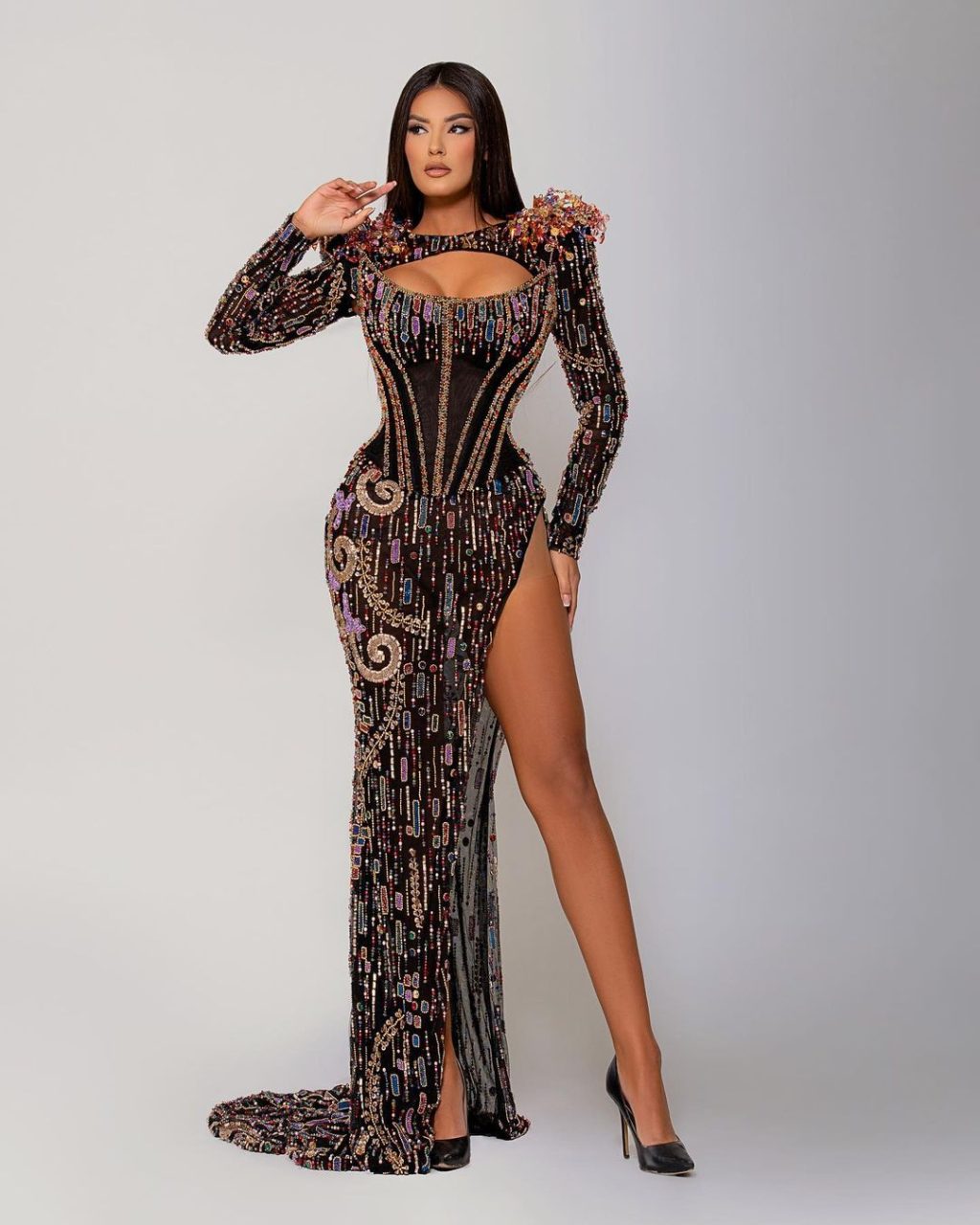 Boned Corset Black Embellished Dress with Side Slit