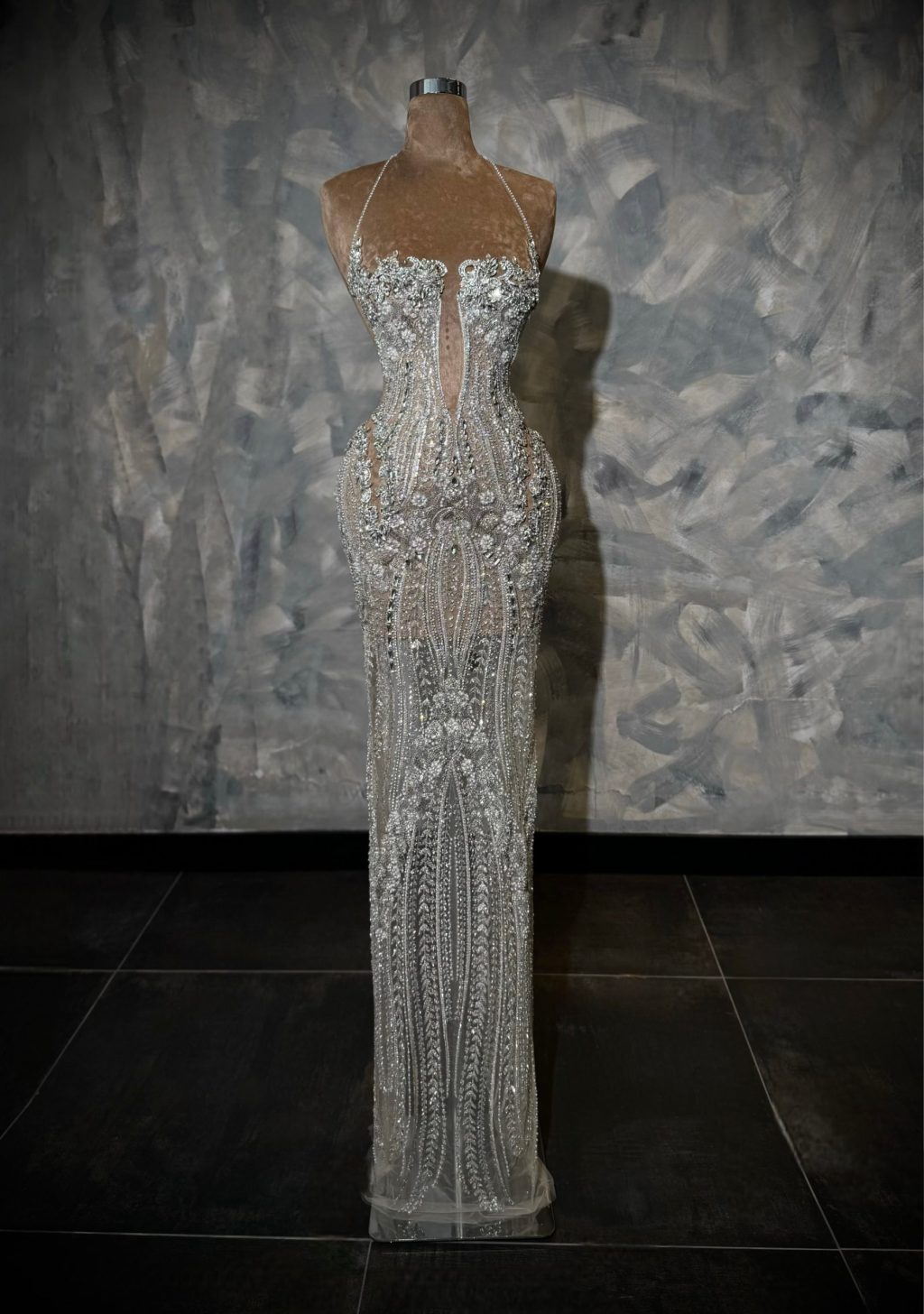 ElÃ¨ne - Silver Beaded Halter Gown