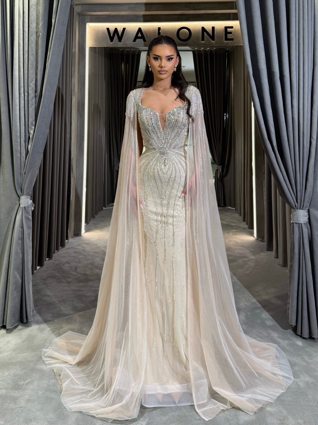 Beaded Sweetheart Dress with Floor Length Cape Sleeves
