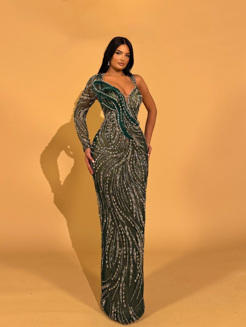 Emerald One Shoulder Crystal Evening Gown