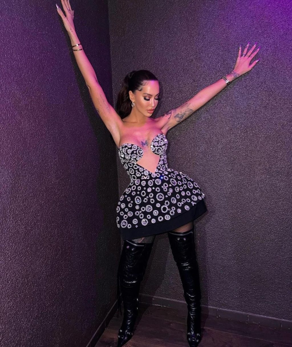 Dafina Zeqiri-Black Short Dress with Silver Rhinestones