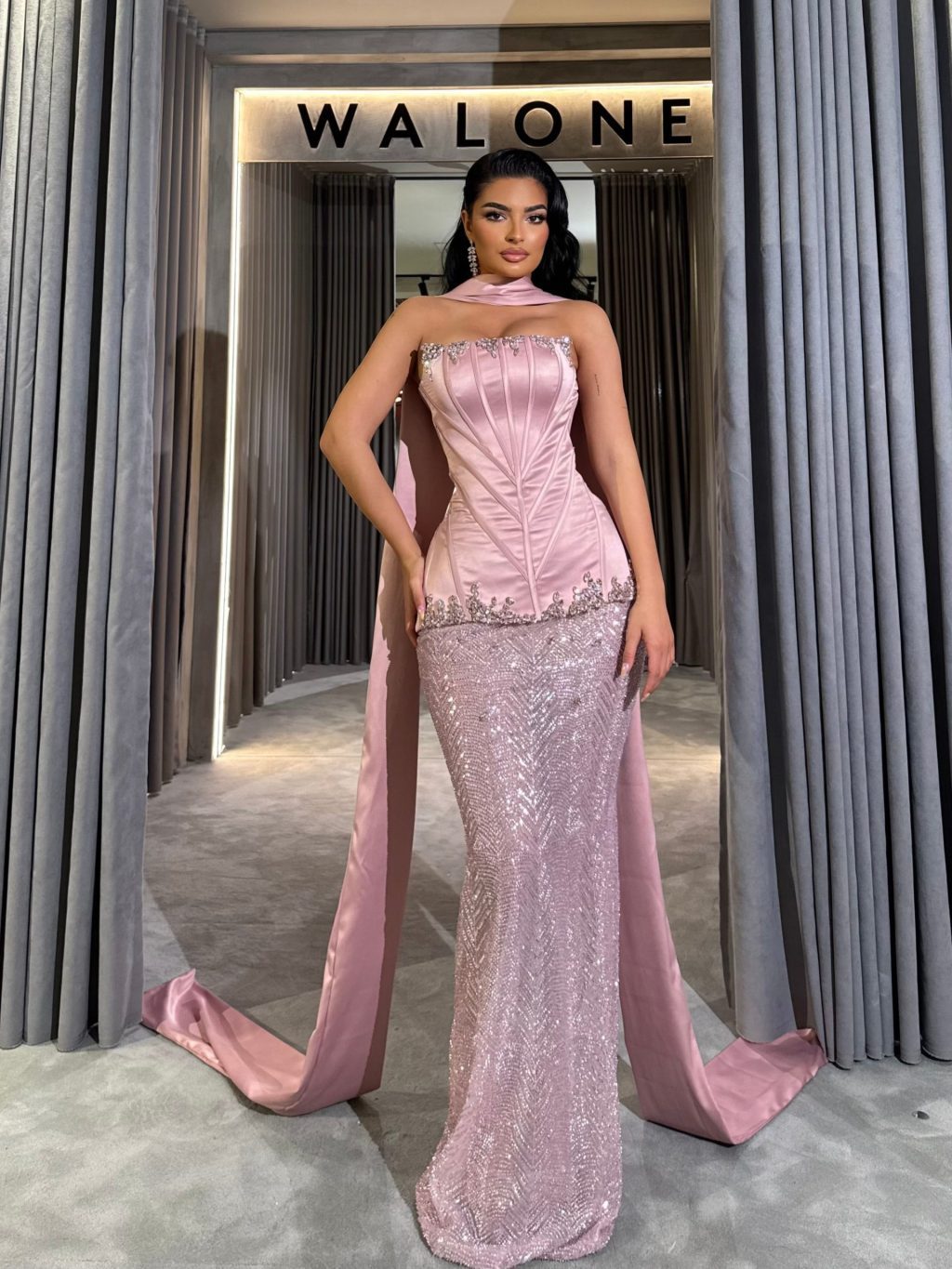 Long dress with structured satin corset and chevron sequin skirt