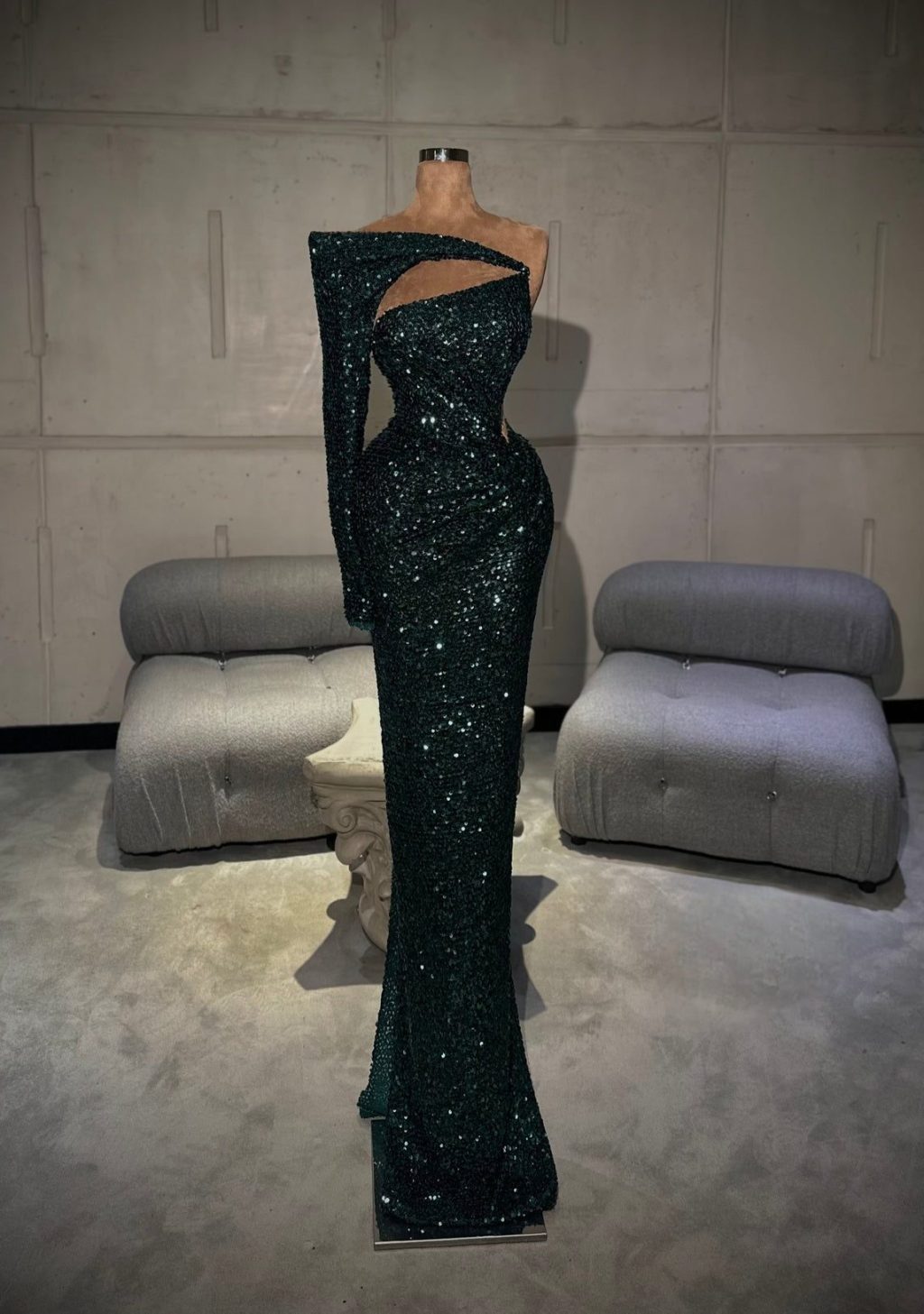 Nymera - Deep Green Asymmetric Sequin Gown