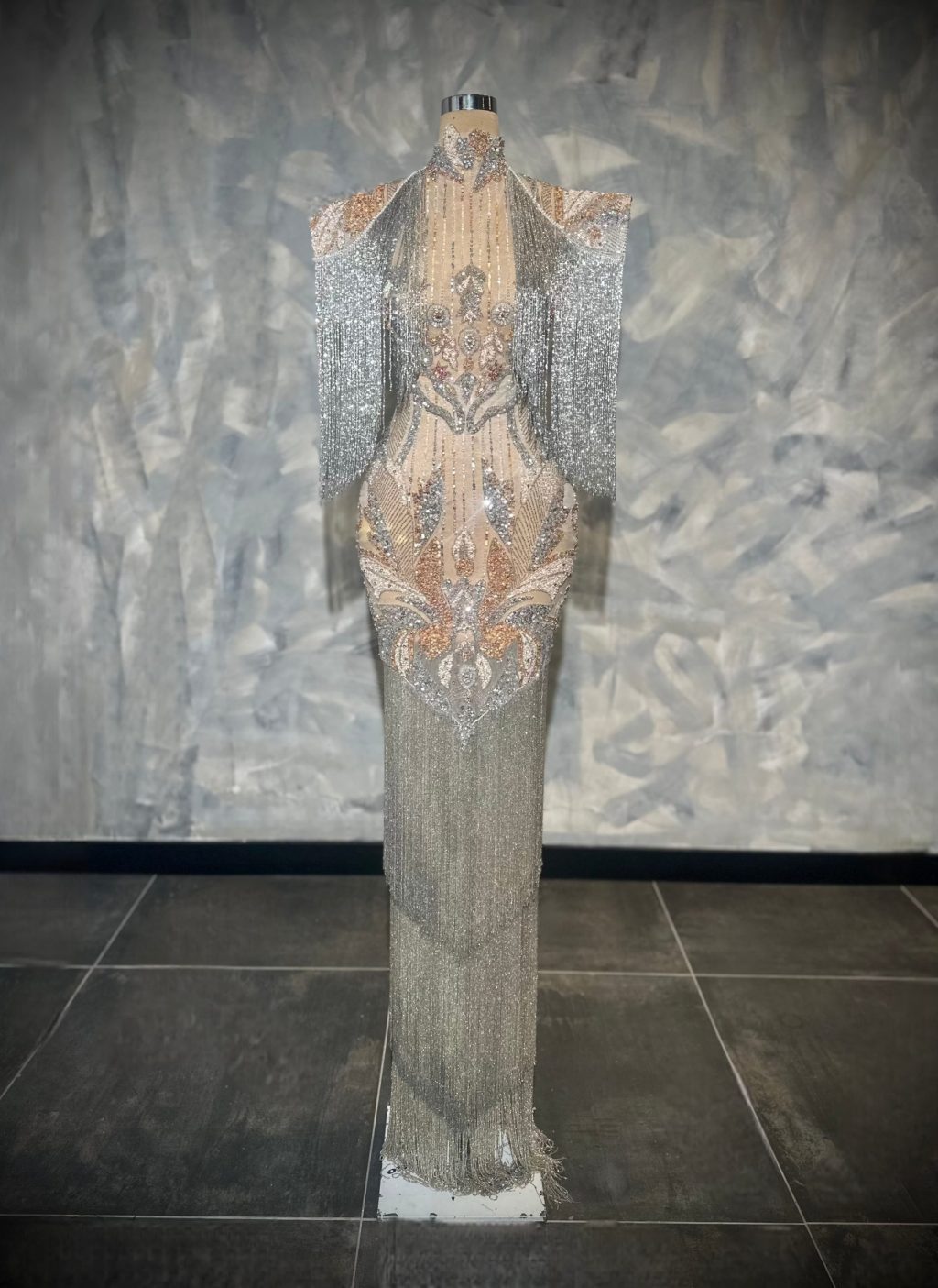 Liénora - Silver & Rose Gold Beaded Fringe Gown