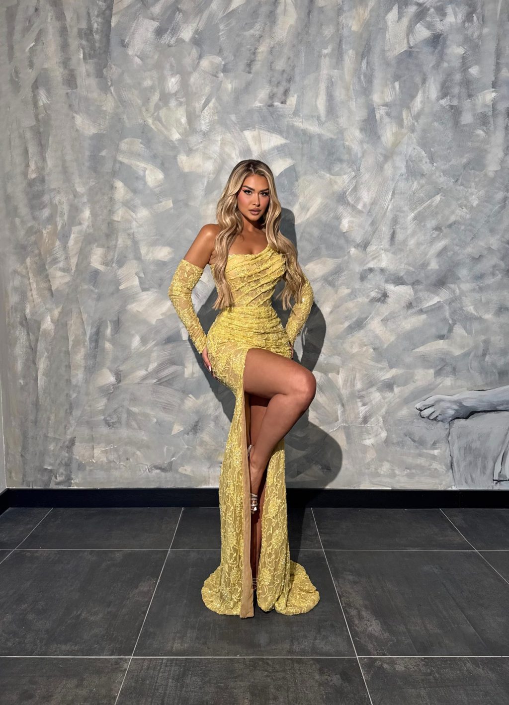 Liora - Yellow Lace Off Shoulder Gown with High Slit