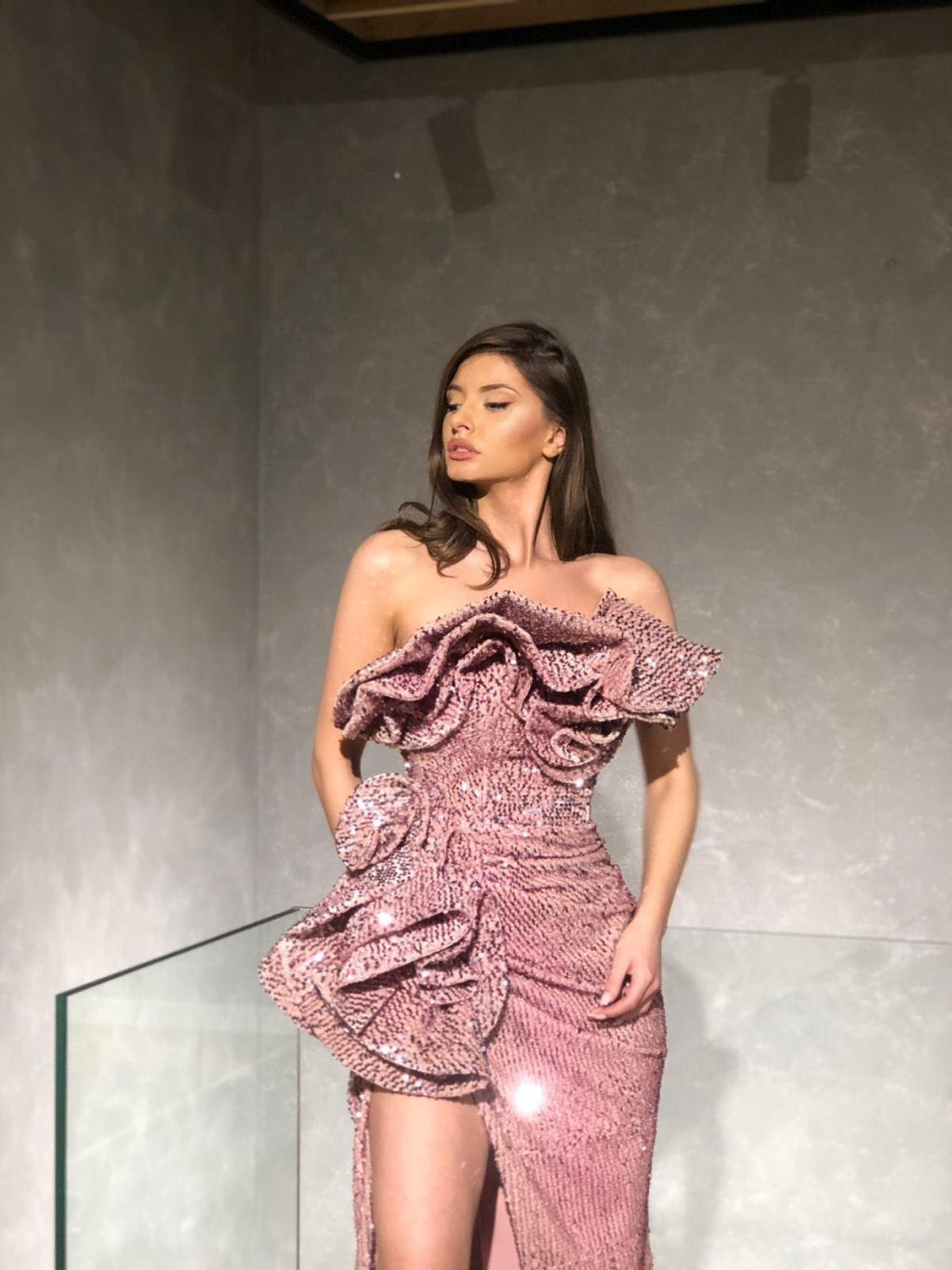 Strapless Shimmering Pink Dress with Side Slit