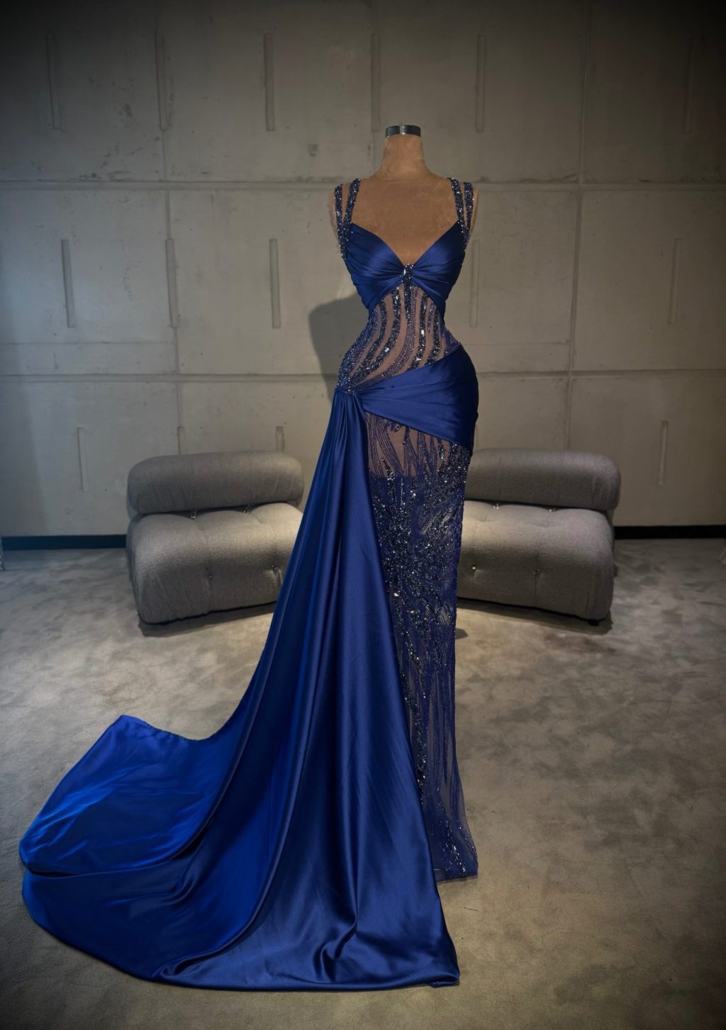 Enara - Royal Blue Cut-Out Beaded Gown with Draped Satin Train