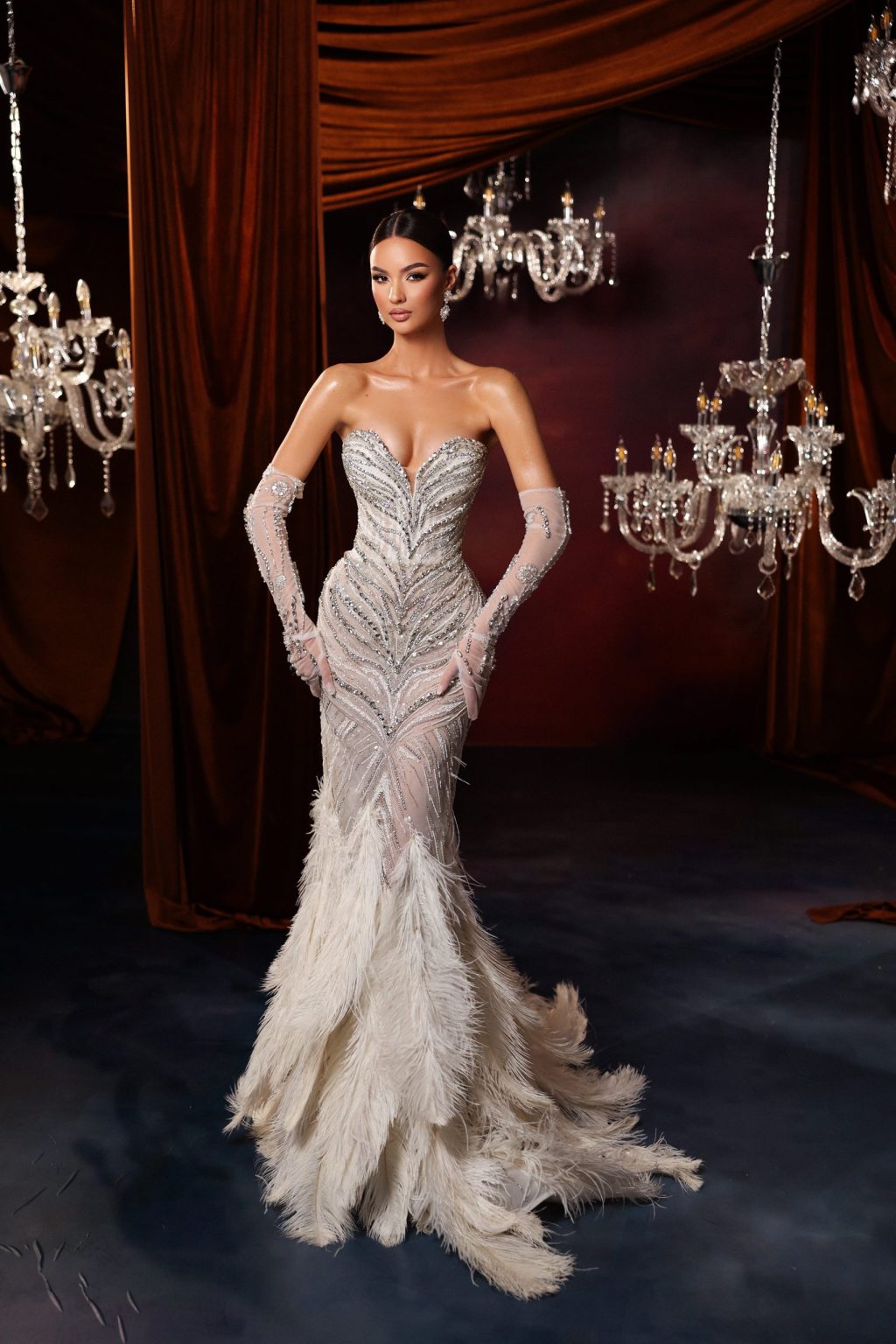 Strapless Feather Embellished Mermaid Gown