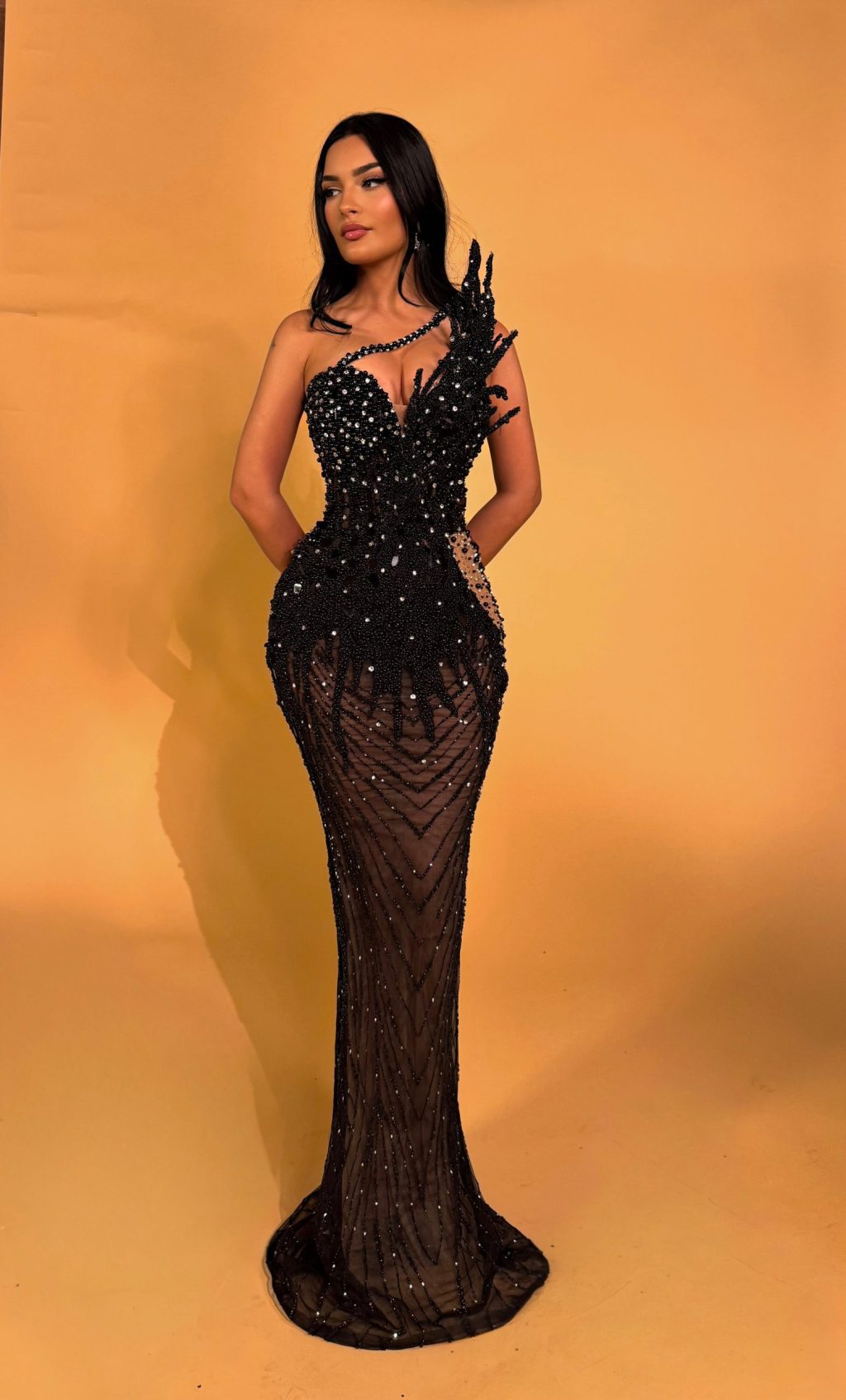 One Shoulder Beaded Gown with Asymmetric Appliqué
