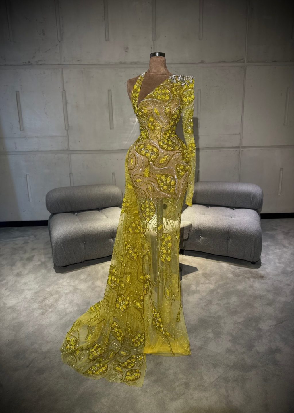 Maya - One Sleeve Yellow Embellished Gown