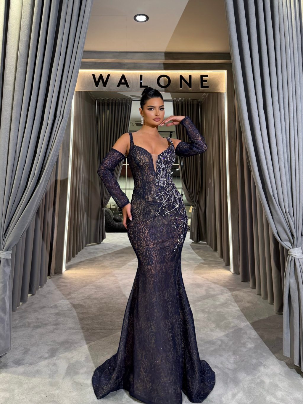 Long Sleeve Lace Gown with Sheer Bodice and Beaded Appliqué