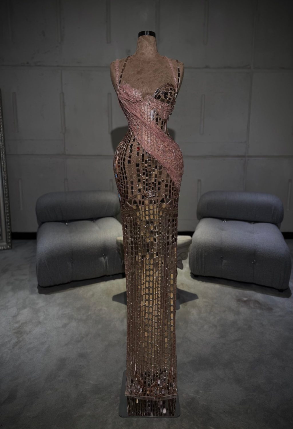 Lianna - Mirror Mosaic Corset Gown with Rosé Lace Draping