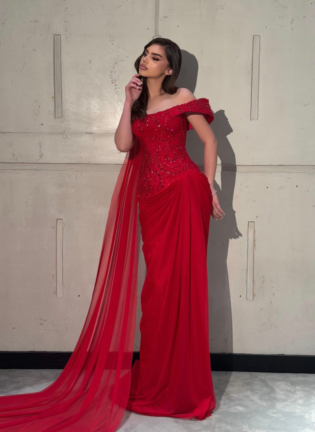 Arvella - Red Beaded Off-Shoulder Gown