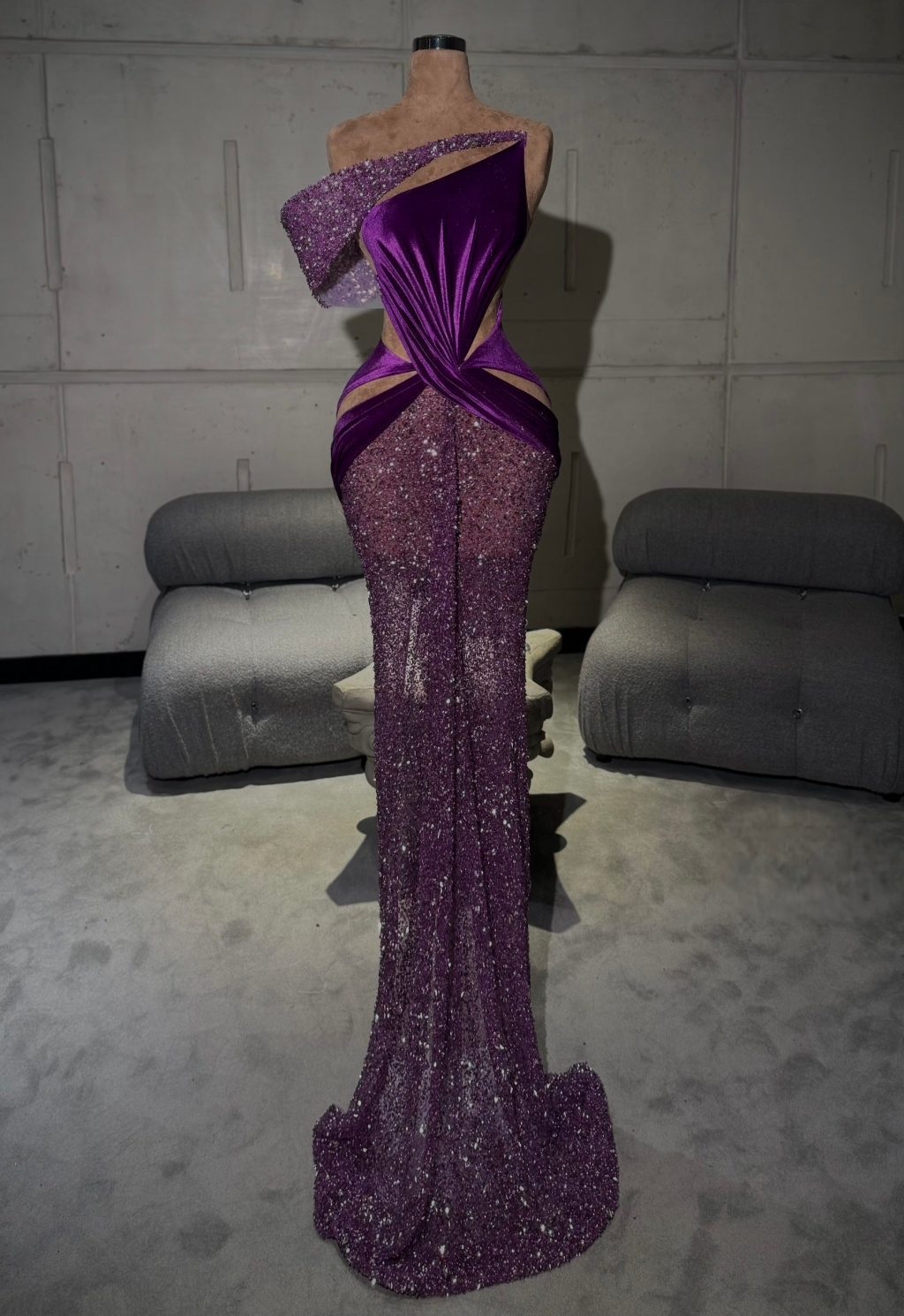 Asymmetric Satin Sequin Gown
