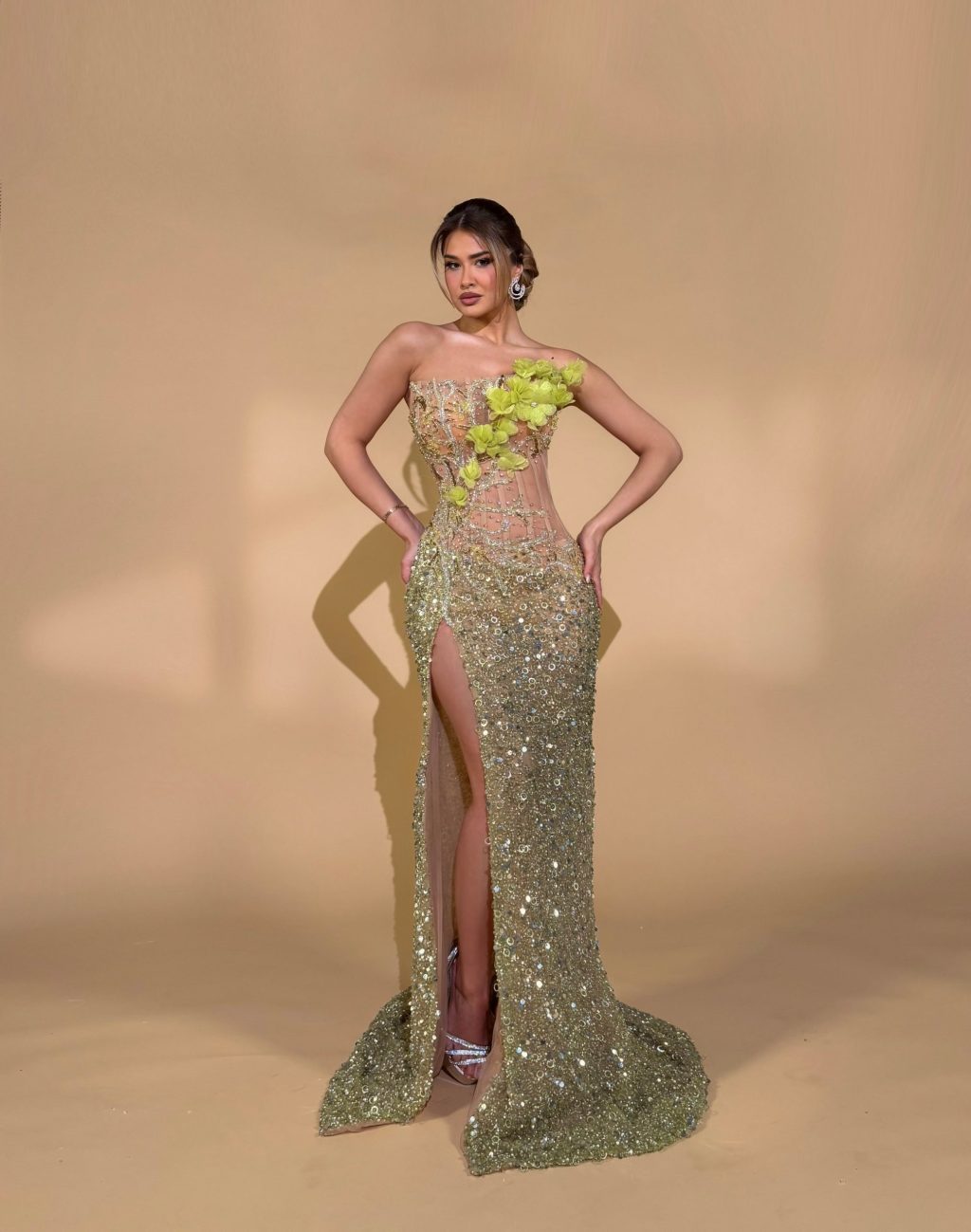 Lime Orchid Crystal Gown with Feather Shawl