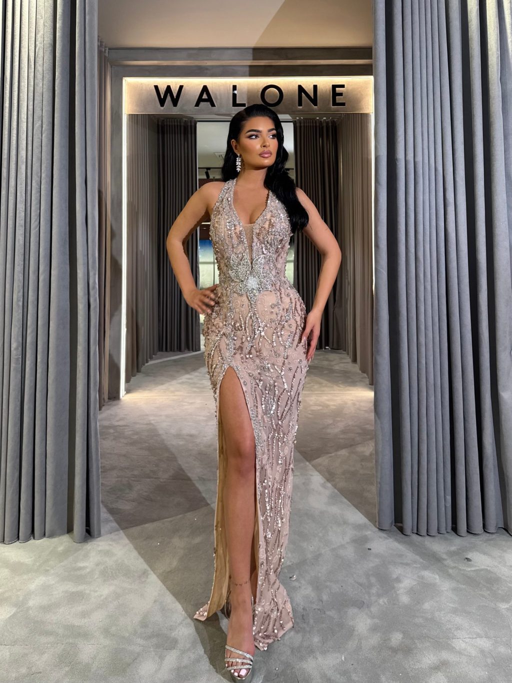 Nude Crystal Flower Embellished Gown
