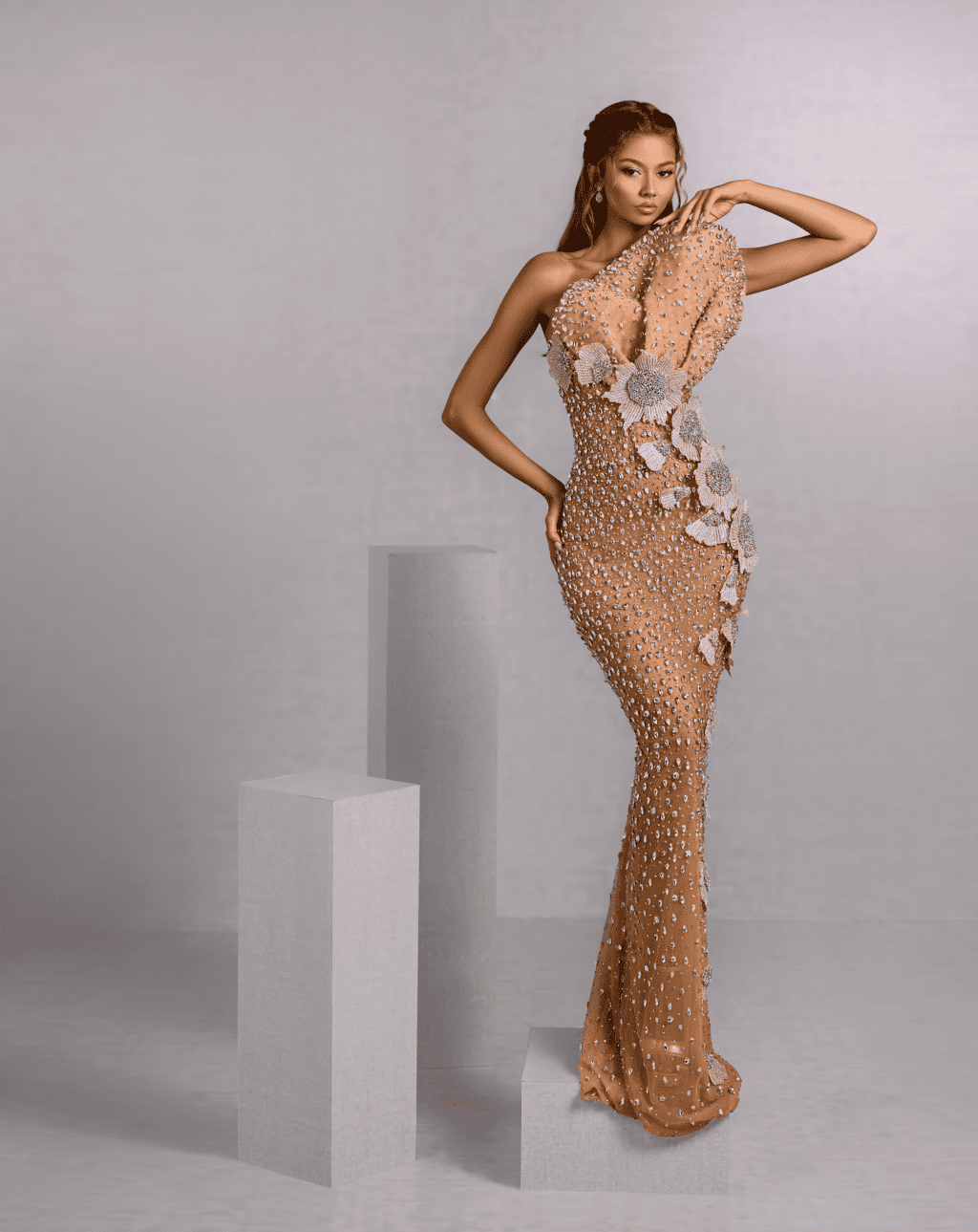 Asymmetrical Crystal Gown with 3D Silver Floral Appliqués