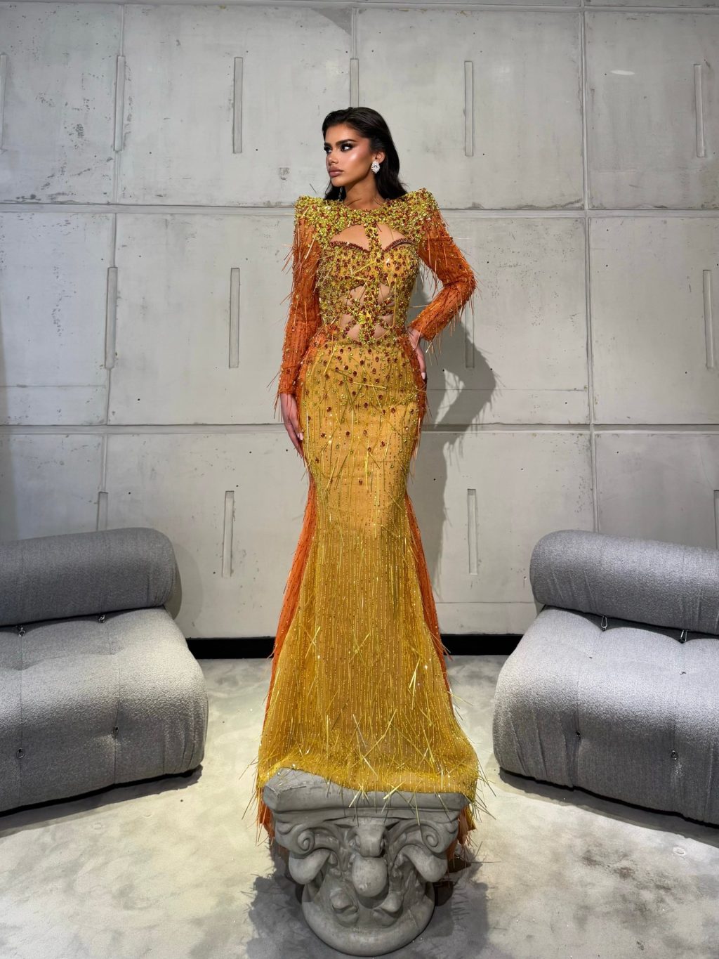 Beaded Gown with Cutout Corset and Fringe Sleeves