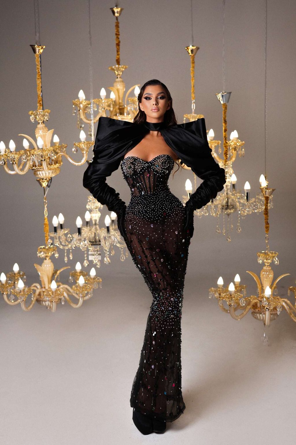 Strapless Black Embellished Dress with Detachable Sleeves
