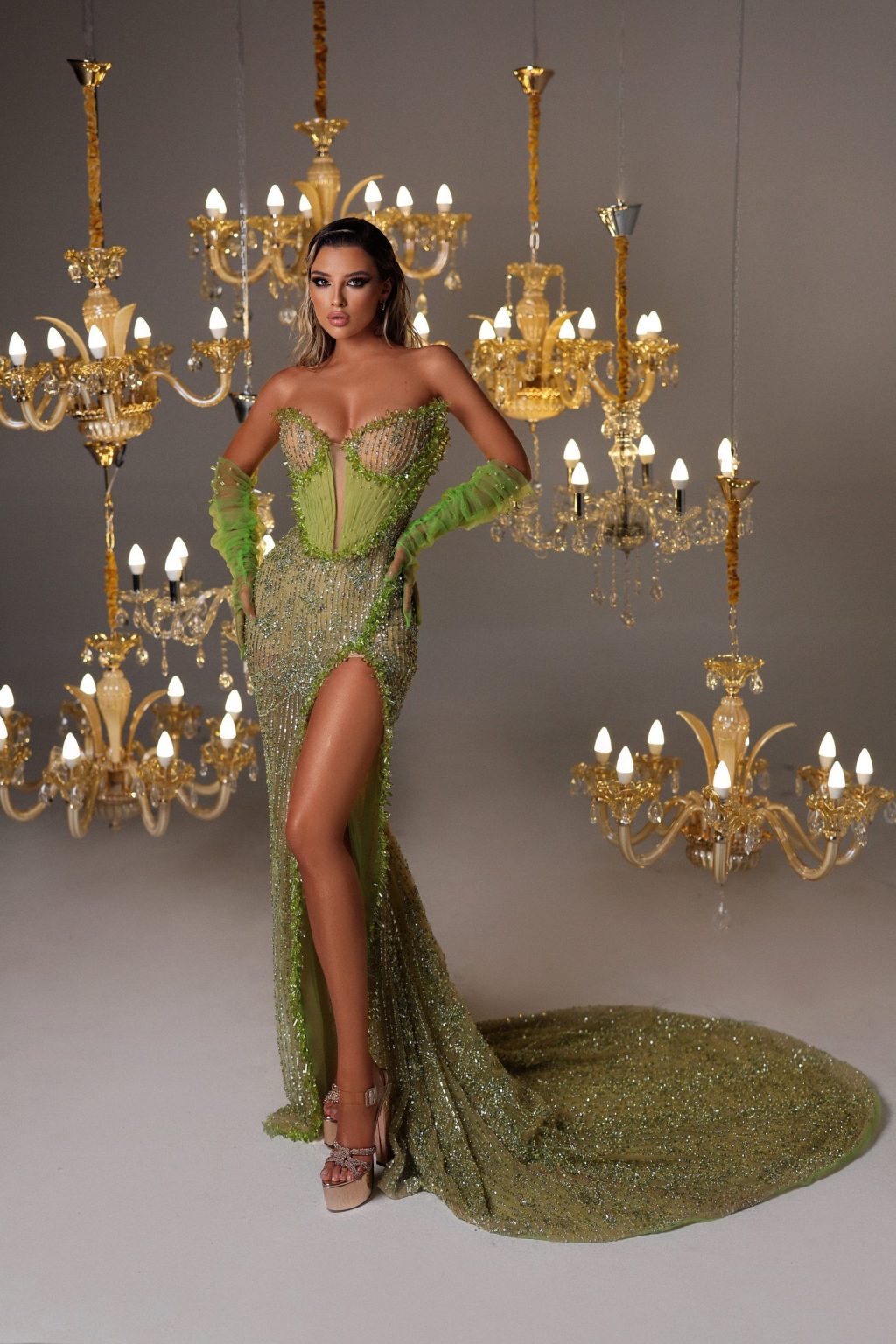 Crystal Green Long Dress with Side Slit