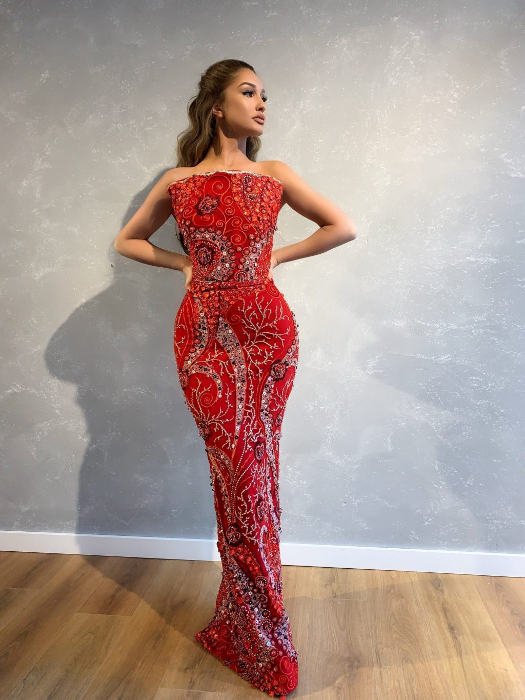 Strapless Red Embellished Dress