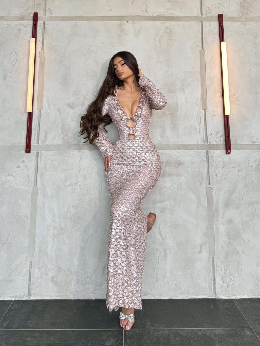 Marisela - Crystal CutOut Long Sleeve Gown