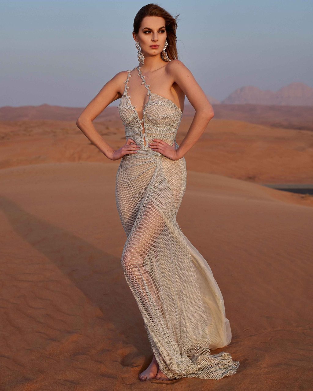 Long Asymmetrical Strap Brown Evening Gown
