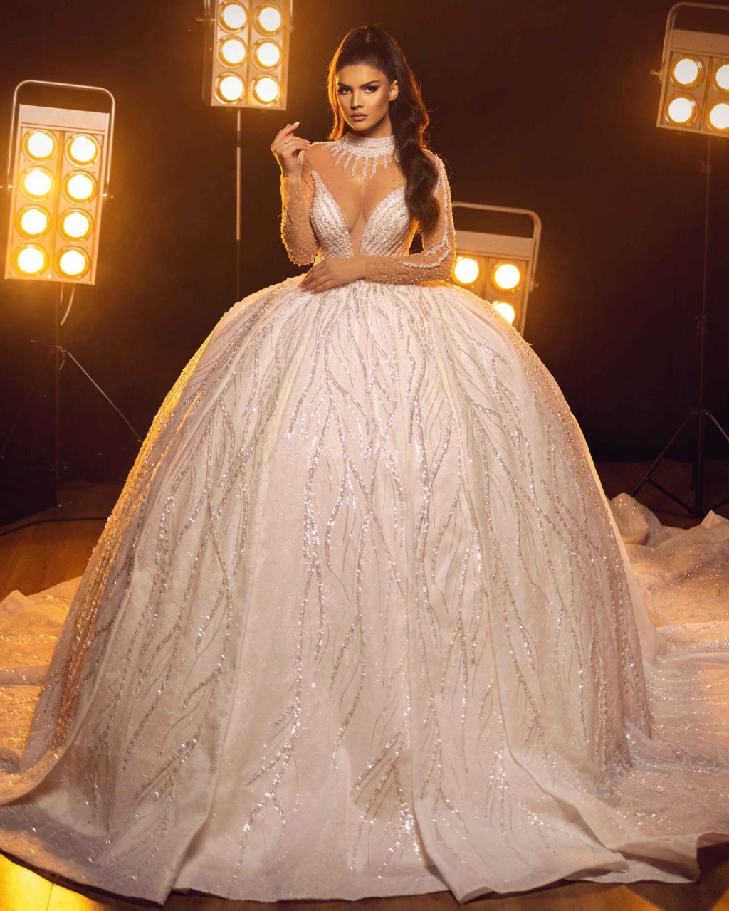 Long Sleeve Embellished White Wedding Gown