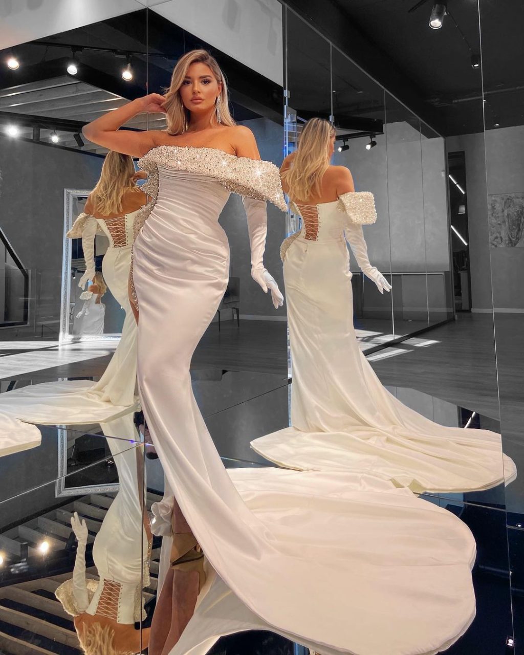 One Shoulder White Evening Gown